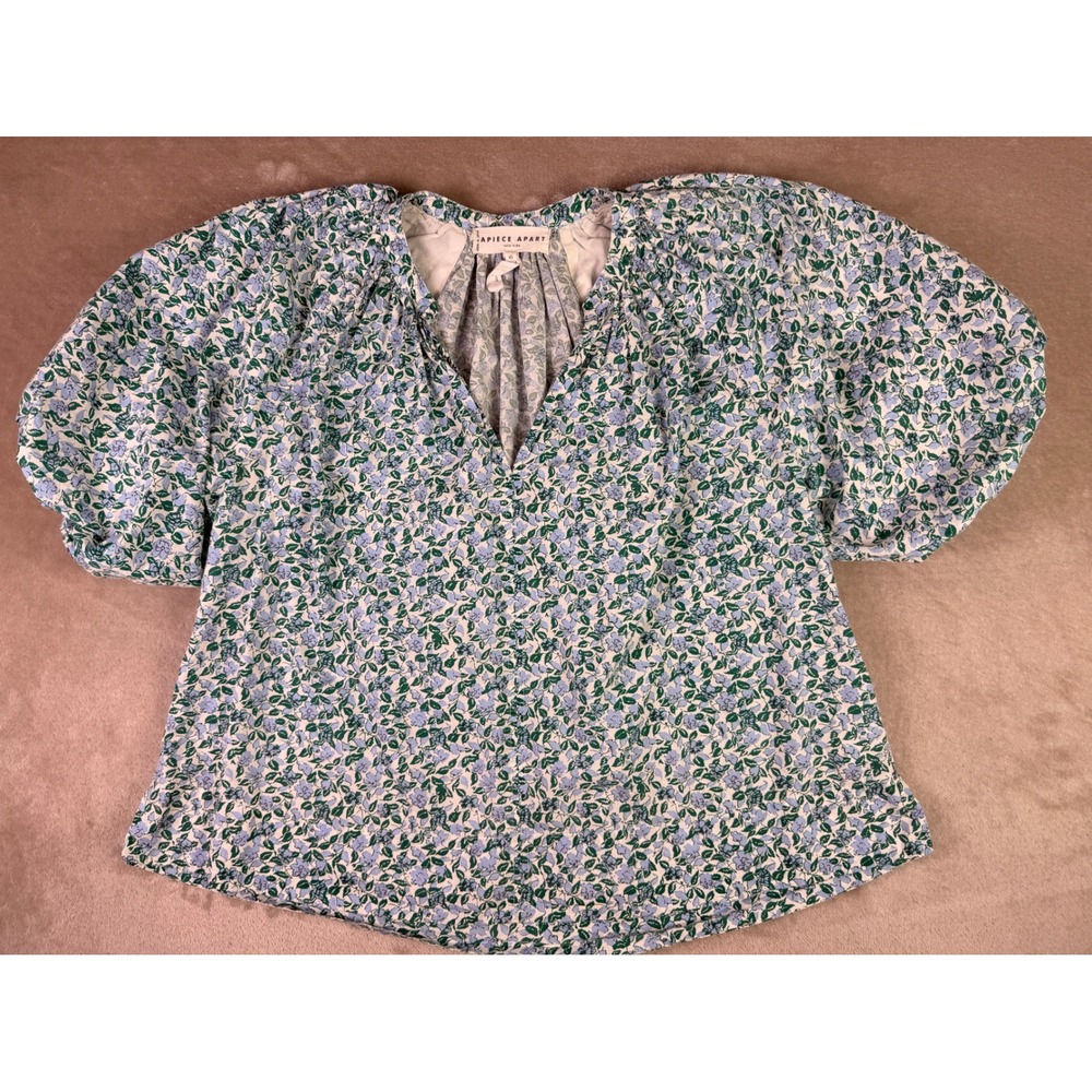 APIECE APART Floral Puff Sleeve V Neck Top XS Rosa Floral-Print‎ Blouse Blue - Picture 3 of 12